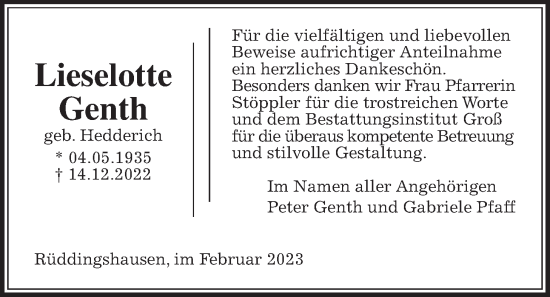 Traueranzeige von Lieselotte Genth von Allendorfer Mitteilungen