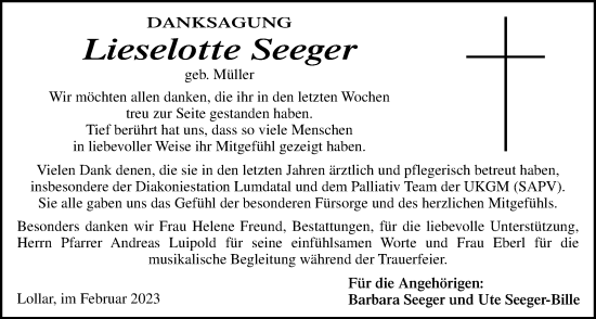 Traueranzeige von Lieselotte Seeger von Giessener Allgemeine, Alsfelder Allgemeine, Giessener Anzeiger
