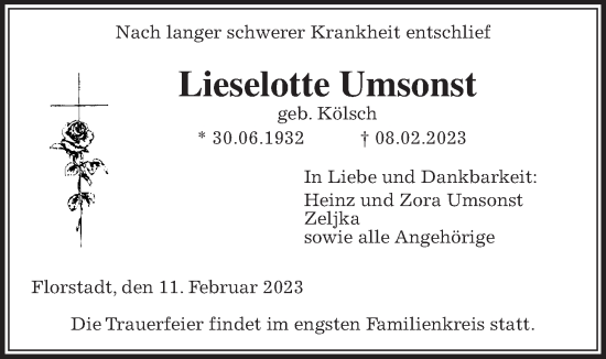 Traueranzeige von Lieselotte Umsonst von Wetterauer Zeitung