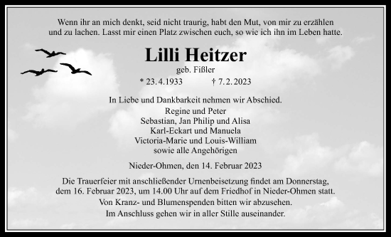 Traueranzeige von Lilli Heitzer von Alsfelder Allgemeine