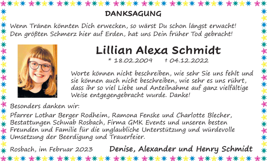 Traueranzeige von Lillian Alexa Schmidt von Wetterauer Zeitung