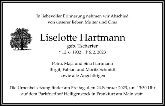 Traueranzeige von Liselotte Hartmann von Bad Vilbel/Karben