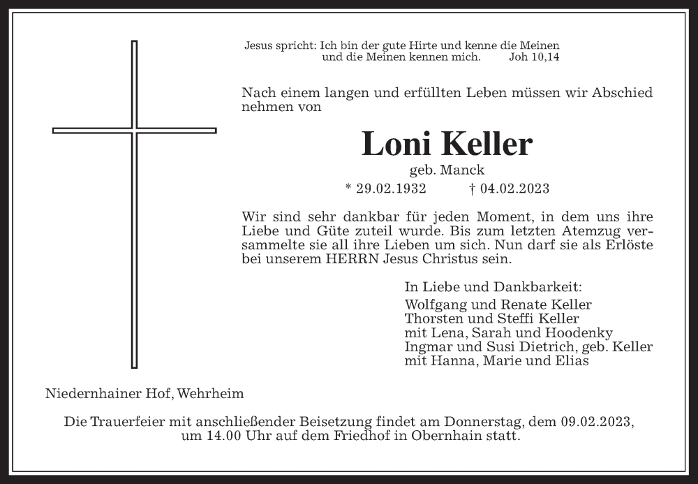  Traueranzeige für Loni Keller vom 07.02.2023 aus Usinger Anzeiger