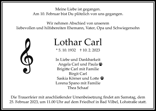 Traueranzeige von Lothar Carl von Bad Vilbel/Karben
