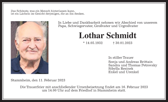 Traueranzeige von Lothar Schmidt von Wetterauer Zeitung