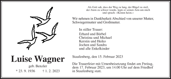 Traueranzeige von Luise Wagner von Giessener Allgemeine, Alsfelder Allgemeine, Giessener Anzeiger