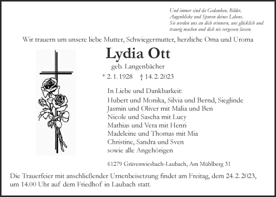 Traueranzeige von Lydia Ott von Usinger Anzeiger
