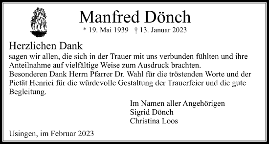 Traueranzeige von Manfred Dönch von Usinger Anzeiger