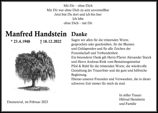 Traueranzeige von Manfred Handstein von Alsfelder Allgemeine