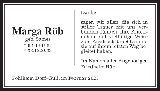 Traueranzeige von Marga Rüb von Giessener Allgemeine, Alsfelder Allgemeine, Giessener Anzeiger