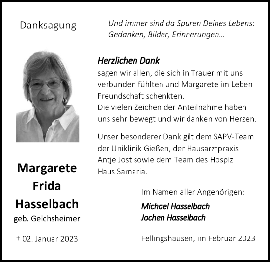 Traueranzeige von Margarete Frida Hasselbach von Giessener Allgemeine, Alsfelder Allgemeine