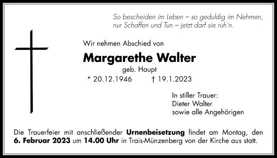 Traueranzeige von Margarethe Walter von Licher Wochenblatt