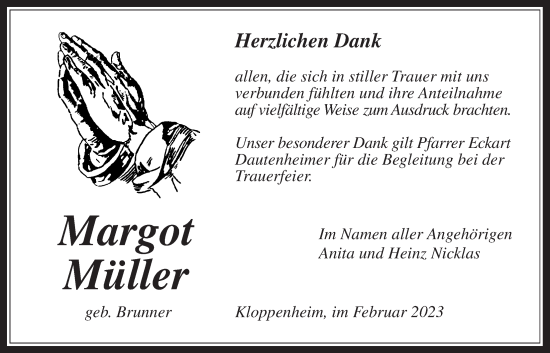Traueranzeige von Margot Müller von Bad Vilbel/Karben