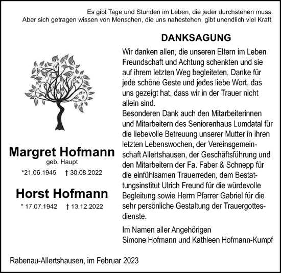 Traueranzeige von Margret Hofmann von Rabenauer Zeitung