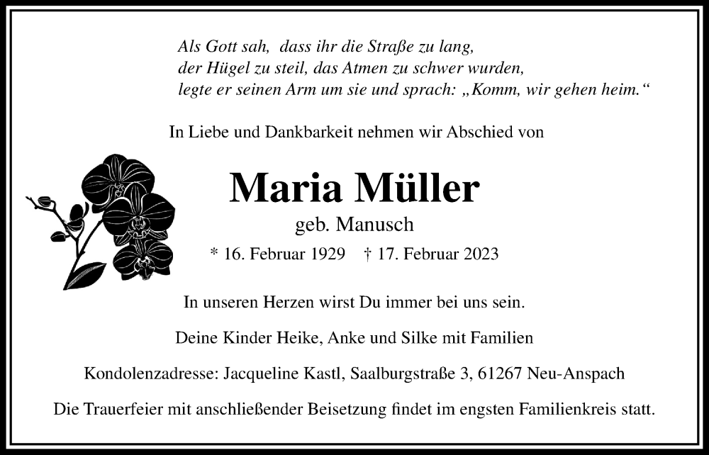  Traueranzeige für Maria Müller vom 25.02.2023 aus Usinger Anzeiger