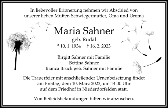 Traueranzeige von Maria Sahner von Bad Vilbel/Karben