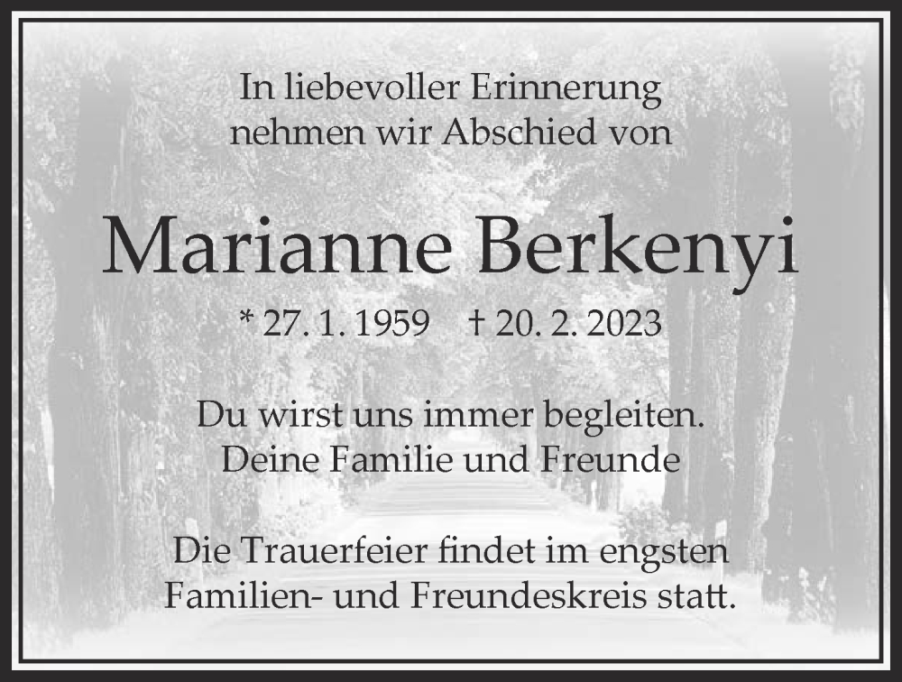  Traueranzeige für Marianne Berkenyi vom 23.02.2023 aus Bad Vilbel/Karben