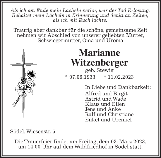 Traueranzeige von Marianne Witzenberger von Wetterauer Zeitung, Wetterauer Zeitung