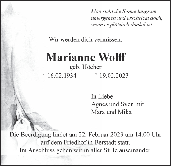 Traueranzeige von Marianne Wolff von Wetterauer Zeitung