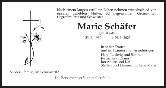 Traueranzeige von Marie Schäfer von Alsfelder Allgemeine