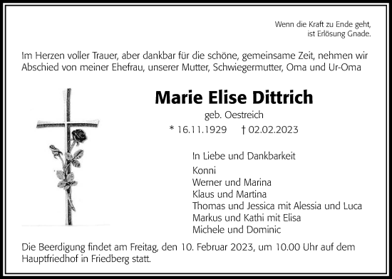 Traueranzeige von Marie Elise Dittrich von Wetterauer Zeitung