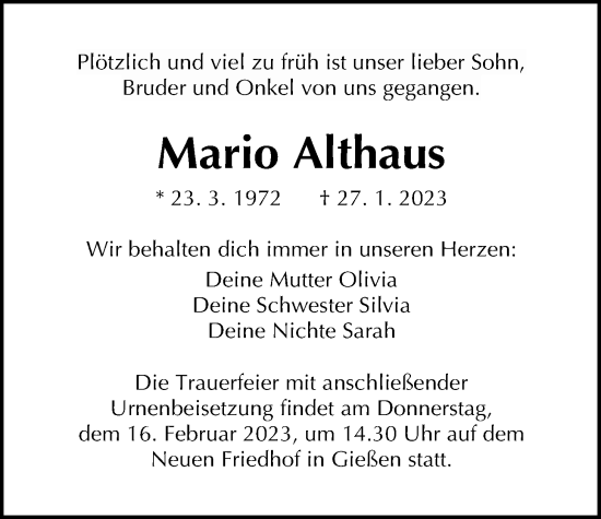 Traueranzeige von Mario Althaus von Giessener Allgemeine, Alsfelder Allgemeine, Giessener Anzeiger