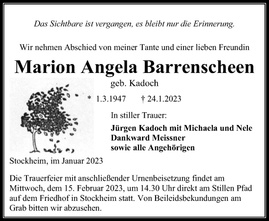 Traueranzeige von Marion Angela Barrenscheen von Kreis-Anzeiger