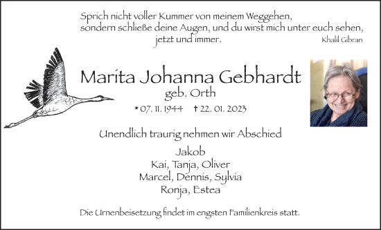 Traueranzeige von Marita Johanna Gebhardt von Usinger Anzeiger