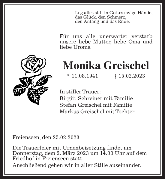Traueranzeige von Monika Greischel von Giessener Allgemeine, Alsfelder Allgemeine