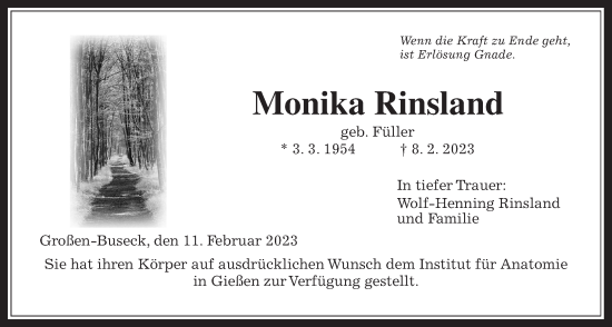 Traueranzeige von Monika Rinsland von Giessener Allgemeine, Alsfelder Allgemeine, Giessener Anzeiger