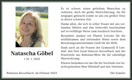 Traueranzeige von Natascha Göbel von Rabenauer Zeitung