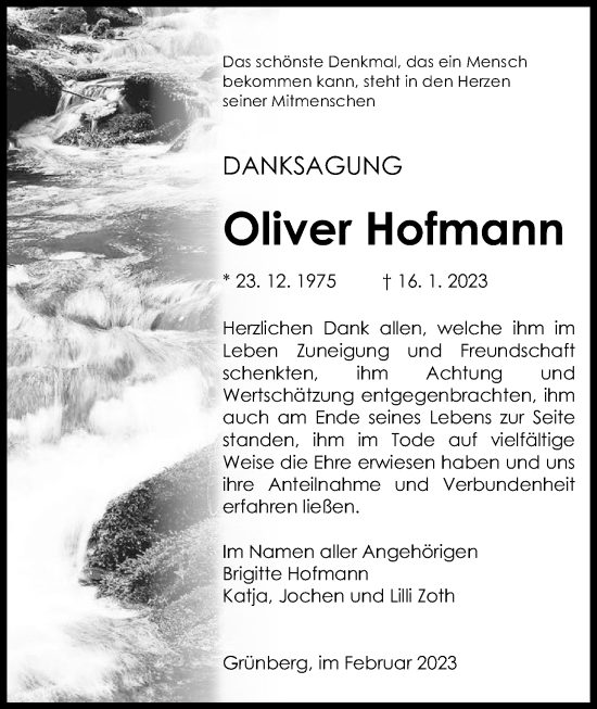 Traueranzeige von Oliver Hofmann von Giessener Allgemeine, Alsfelder Allgemeine, Giessener Allgemeine, Alsfelder Allgemeine