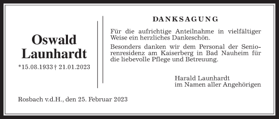 Traueranzeige von Oswald Launhardt von Wetterauer Zeitung