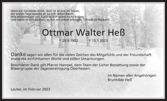 Traueranzeige von Ottmar Walter Heß von Giessener Allgemeine, Alsfelder Allgemeine, Laubacher Anzeiger