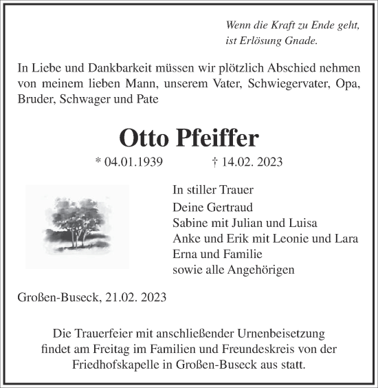 Traueranzeige von Otto Pfeiffer von Giessener Allgemeine, Alsfelder Allgemeine