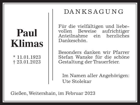 Traueranzeige von Paul Klimas von Giessener Allgemeine, Alsfelder Allgemeine, Giessener Allgemeine, Alsfelder Allgemeine