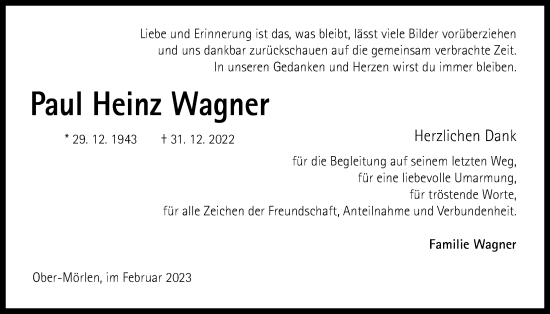 Traueranzeige von Paul Heinz Wagner von Wetterauer Zeitung