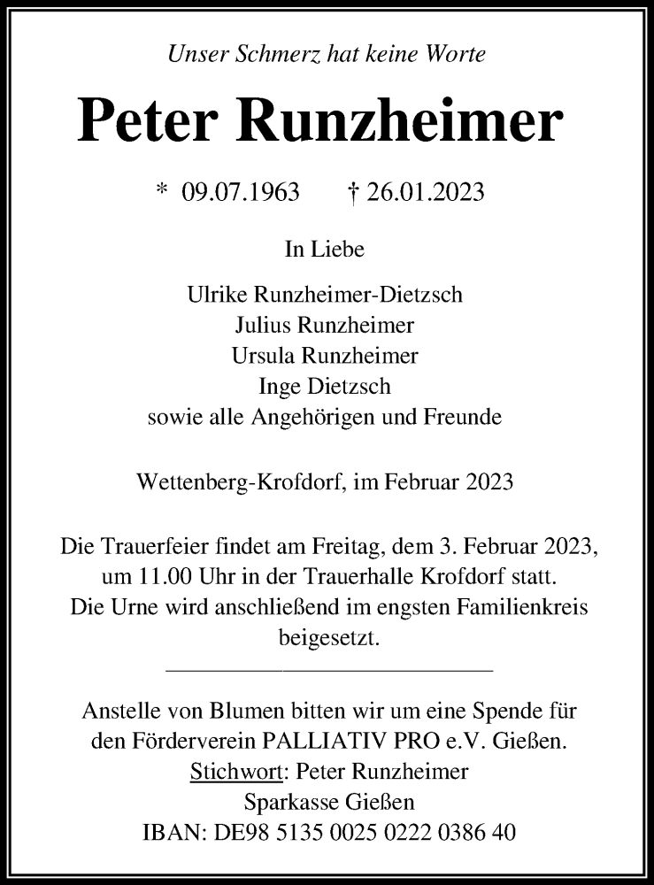  Traueranzeige für Peter Runzheimer vom 01.02.2023 aus Giessener Anzeiger, Giessener Allgemeine, Alsfelder Allgemeine, Wetterauer Zeitung
