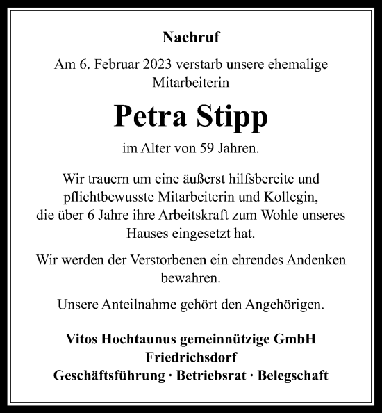 Traueranzeige von Petra Stipp von Wetterauer Zeitung, Wetterauer Zeitung
