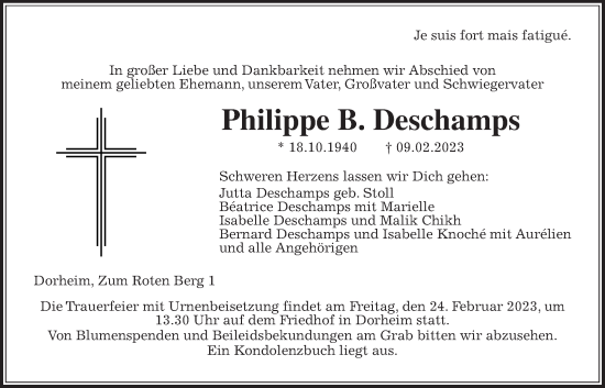 Traueranzeige von Philippe  Deschamps von Wetterauer Zeitung, Wetterauer Zeitung