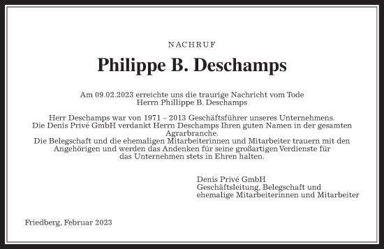 Traueranzeige von Philippe  Deschamps von Wetterauer Zeitung