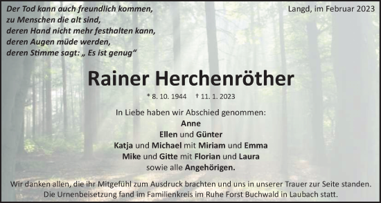 Traueranzeige von Rainer Herchenröther von Licher Wochenblatt