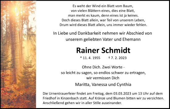 Traueranzeige von Rainer Schmidt von Giessener Allgemeine, Alsfelder Allgemeine
