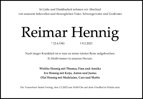 Traueranzeige von Reimar Hennig von Kreis-Anzeiger
