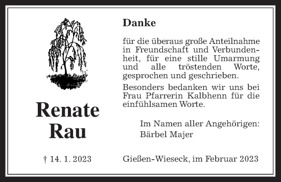 Traueranzeige von Renate Rau von Giessener Allgemeine, Alsfelder Allgemeine, Giessener Anzeiger, Giessener Allgemeine, Alsfelder Allgemeine, Giessener Anzeiger