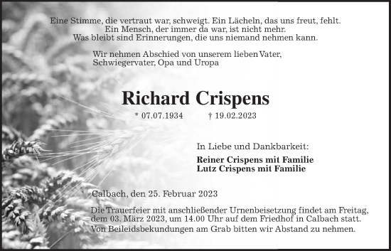 Traueranzeige von Richard Crispens von Kreis-Anzeiger