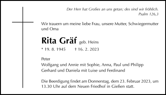 Traueranzeige von Rita Gräf von Giessener Allgemeine, Alsfelder Allgemeine, Giessener Anzeiger, Giessener Allgemeine, Alsfelder Allgemeine, Giessener Anzeiger