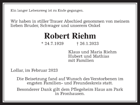Traueranzeige von Robert Riehm von Giessener Allgemeine, Alsfelder Allgemeine, Giessener Anzeiger
