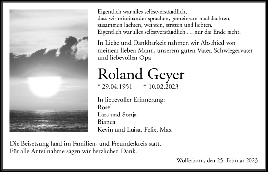 Traueranzeige von Roland Geyer von Kreis-Anzeiger