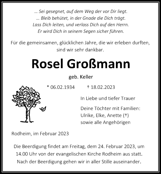Traueranzeige von Rosel Großmann von Giessener Allgemeine, Alsfelder Allgemeine